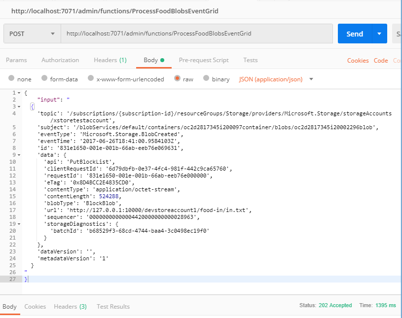 Using Postman to post to Event Grid triggered Azure Function