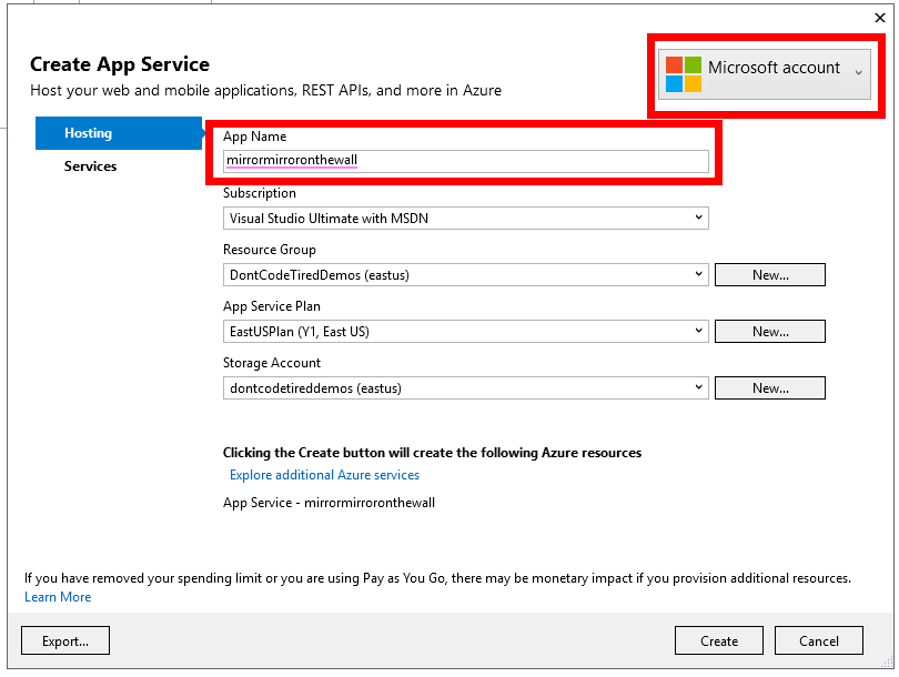 App Service settings for Azure Function app