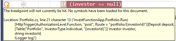 The breakpoint will not currently be hit. No symbols have been loaded for this document