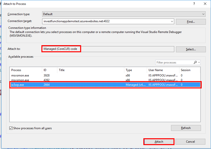 Attaching to the Azure Functions w3wp.exe process